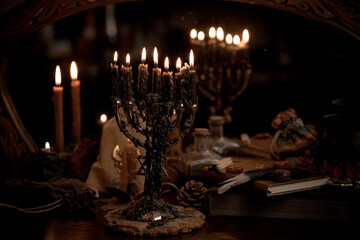 Magic scene, Mystical atmosphere, view of candles on the table, esoteric concept, fortune telling and predictions