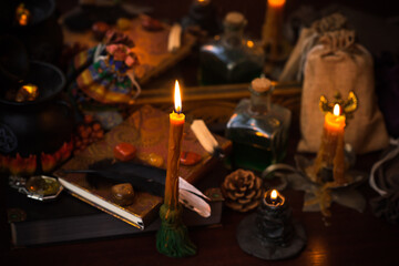 Magic scene, Mystical atmosphere, view of candles on the table, esoteric concept, fortune telling and predictions