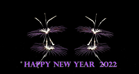Happy New Year 2022 letters Beautiful Firework
 black background design greeting card  