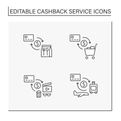 Cashback service line icons set. Refund small percentage of money from restaurants, cinema, traveling and buying goods. Shopping concept. Isolated vector illustrations. Editable stroke