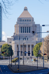 内堀通り国会前交差点から国会議事堂を望む　霞ヶ関、千代田区、東京、日本