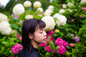 Naklejka premium 紫陽花と女性