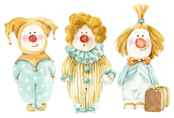 Three red-haired clowns. Happy circus. Watercolor hand drawn illustration - 477729820
