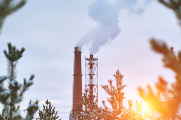 Two industrial chimneys smoking with smoke against background pine winter forest.With bright solar...