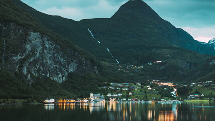 Geirangerfjord, Norway. Night View Of Geiranger In Geirangerfjorden In Sunny Summer Day. Famous Norwegian Landmark And Popular Destination.