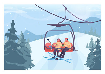 Skiers lifting up to a slope by ski lift. Couple taking selfie on a chairlift.