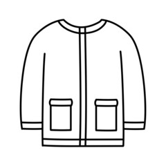 Coloring page warm jacket. Classic clothes with pockets. Wardrobe item. Hand drawn vector line art illustration. Coloring book for children. Black and white sketch.