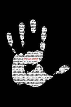 Print left palm hand with binary code and inscription hacker China.Concept information warfare.