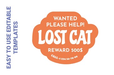 Lost cat sticker, wanted pet isolated on white