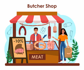 Butcher or meatman concept. Fresh meat and semi-finished products
