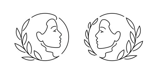 Woman face and leaves logo. Emblem design for beauty salon, massage, organic cosmetic and spa