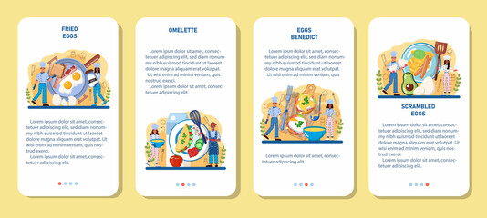 Tasty cooked eggs mobile application banner set. Scrambled, fried,