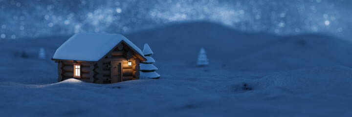 Peaceful mountain cabin in winter night covered by snow. Stars glittering in the sky. Light in the window. 3D rendering