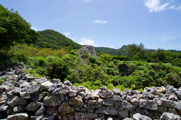 Fototapeta na wymiar The landscape of mountains from Nakijin castle ruin.