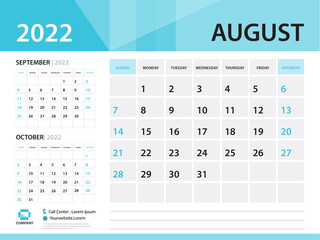 Calendar 2022 template, August 2022 year, Desk Calendar 2022 vector, Blue Calendar design, Week Start On Sunday, Wall calendar 2022 design, sample Planner, Stationery, Poster, printing media, vector