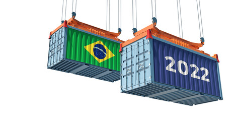 Trading 2022. Freight container with Brazil national flag. 3D Rendering 