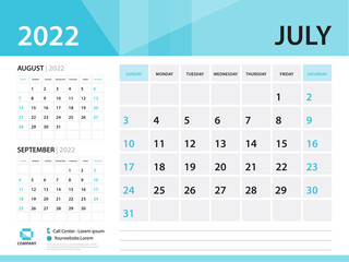 Calendar 2022 template, July 2022 year, Desk Calendar 2022 vector, Blue Calendar design, Week Start On Sunday, Wall calendar 2022 design, sample Planner, Stationery, Poster, printing media, vector