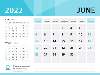 Calendar 2022 template, June 2022 year, Desk Calendar 2022 vector, Blue Calendar design, Week Start On Sunday, Wall calendar 2022 design, sample Planner, Stationery, Poster, printing media, vector