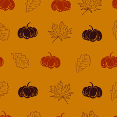 autumn seamless pattern witn pumpkin and leaves yellow background