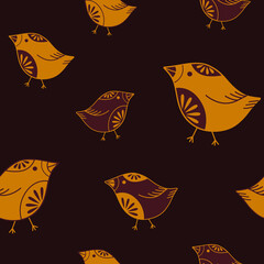 yellow stroke birds on brown background seamless pattern