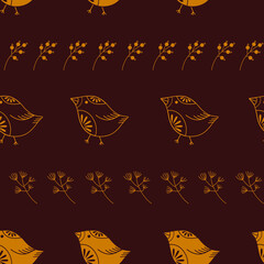 yellow stroke birds on brown background with twig and plant seamless pattern