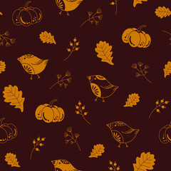 yellow line autumn birds with pumpkin and oak autumn leaves seamless pattern on brown background