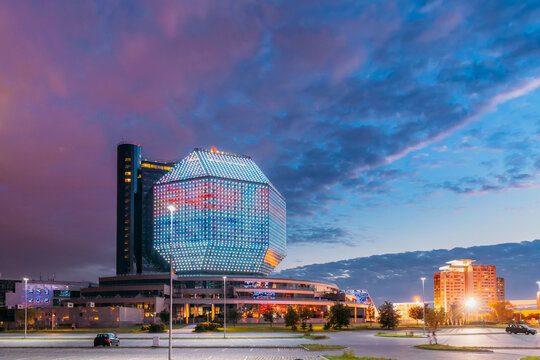 Minsk, Belarus. National Library In Summer Evening Sunset Time. Famous Landmark.