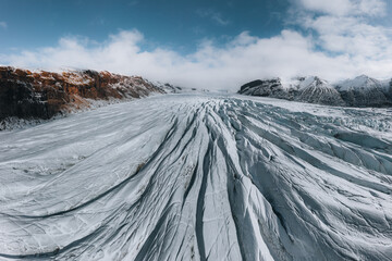 Aerial drone panorama top view glacier iceland svinafellsjoekull, Melting Ice, Climate Change and Global Warming Concept