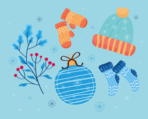 winter icons on blue background
