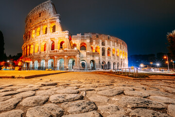 Rome, Italy. Colosseum Also Known As Flavian Amphitheatre In Night