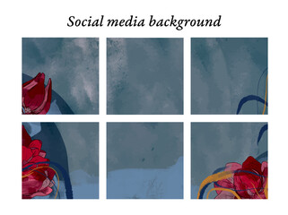 Plantillas de diseño para publicaciones en redes sociales de motivos florales de acuarela en tonos rojos, azules y un toque de dorado, con espacio para texto e imágenes - obrazy, fototapety, plakaty
