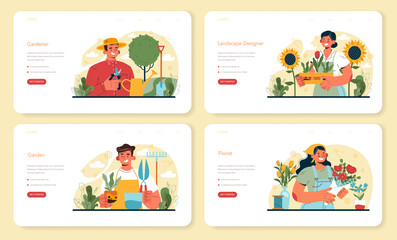 Obraz premium Gardener web banner or landing page set. Idea of horticultural or landscape