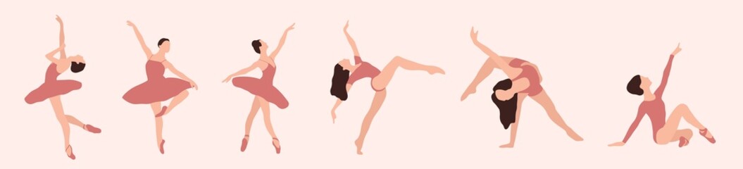 Obraz premium Bundle of woman demonstrating various dance positions isolated on light background. Colorful flat vector illustration. Woman who dance. Dancer. Classical and modern dance