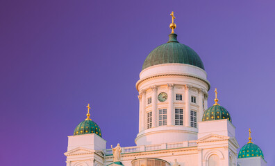 Helsinki, Finland. Close Up Of Lutheran Cathedral On Senate Square. Famous Landmark In Finnish Capital