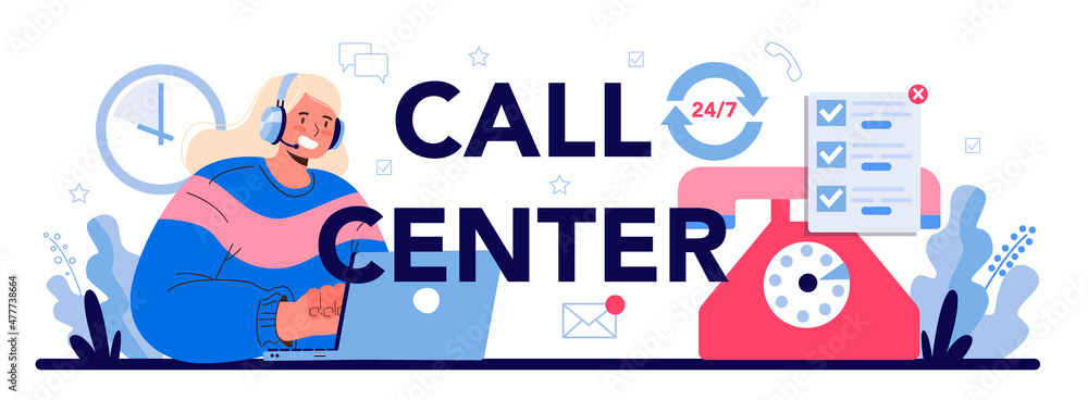 Poster call center typographic header. support operator wearing