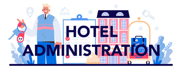 Fototapeta na wymiar Hotel administration typographic header. Tourism service, professional