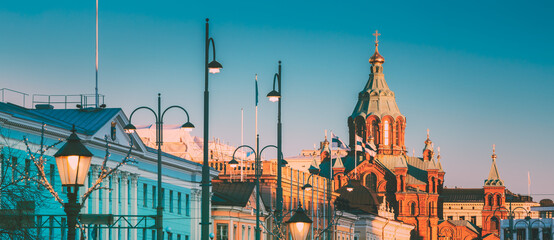Obraz premium Helsinki, Finland. Uspenski Cathedral At Morning. Red Church Is Popular Tourist Destination In Finnish Capital.