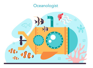 Ichthyologist concept. Ocean fauna scientist. Practical studying