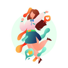 Businesswomen jumping happily with raised hands isolated on white background. Team work, business success, achieve results, goals and enrichment. Business competition concept. Vector illustration.