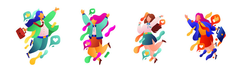 Group of businesswomen jumping happily with raised hands isolated on white background. Team work, business success, achieve results, goals and enrichment. Business concept. Vector illustration