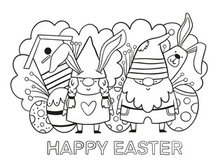 Easter gnomes coloring book page. Happy Easter coloring card for kids.