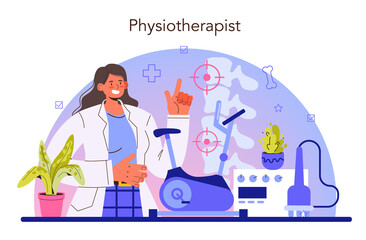 Physiotherapy concept set. Doctor helping patients during physio