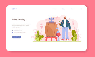 Wine production web banner or landing page. Grape wine in a bottle or glass