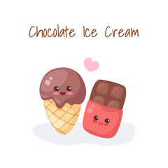 Cute Chocolate Bar and Choco Ice Cream Cone isolated on white background. Kawaii comic food vector illustration for kids menu, textile print, card. Happy adorable summer dessert characters drawing.