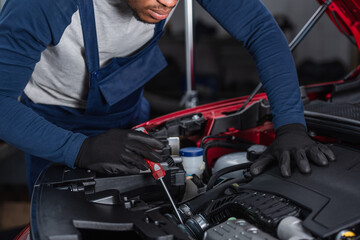 partial view of african american technician in work gloves inspecting car engine compartment with screwdriver.