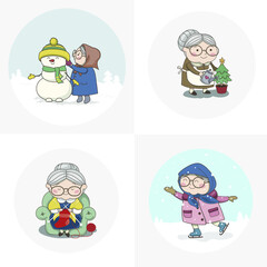 Set (part 2) of cute grandmother's winter activities