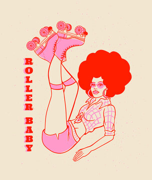 girl on roller skates with afro hairstyle in the style of 70s, retro vector illustration, inscription: roller baby
