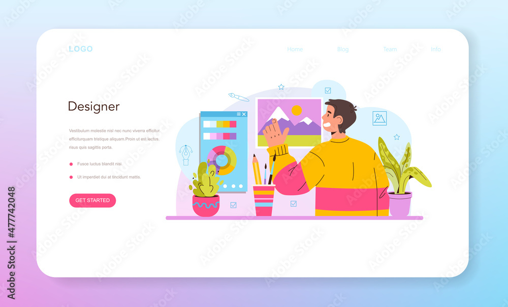 Poster web designer web banner or landing page. interface and content
