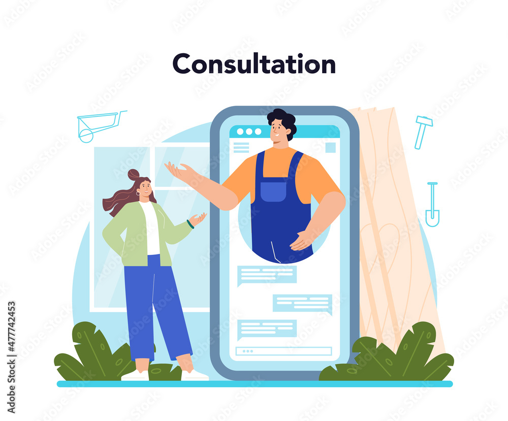 Poster constructor online service or platform. house and road building process