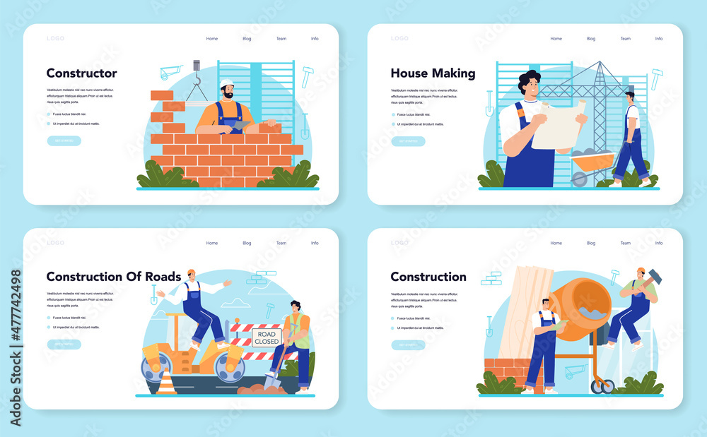 Poster constructor web banner or landing page set. house and road building process